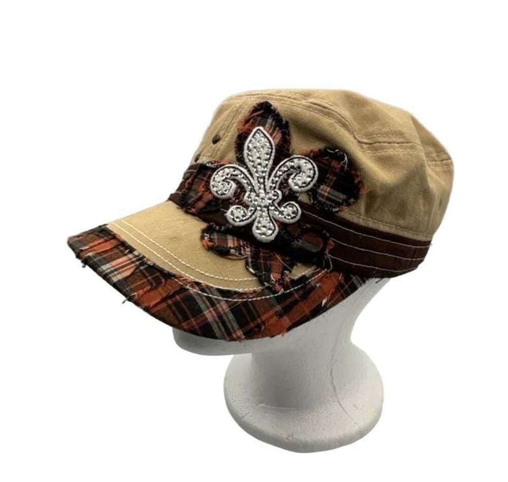 KB Ethos Vintage Distressed Cadet Cap with Rhinestone Fleur-De-Lis Plaid Accent
